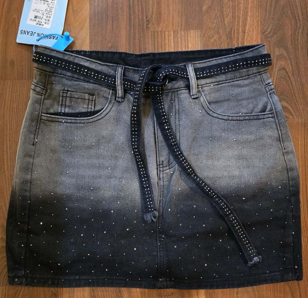 Rhinestone Denim Mini Skirt with Studded Belt